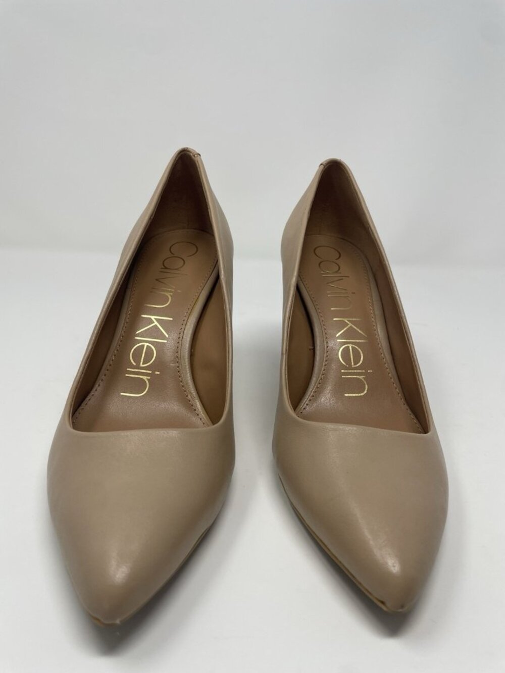 Calvin Klein Beige Leather 3 Inch Pumps With Gold Accents